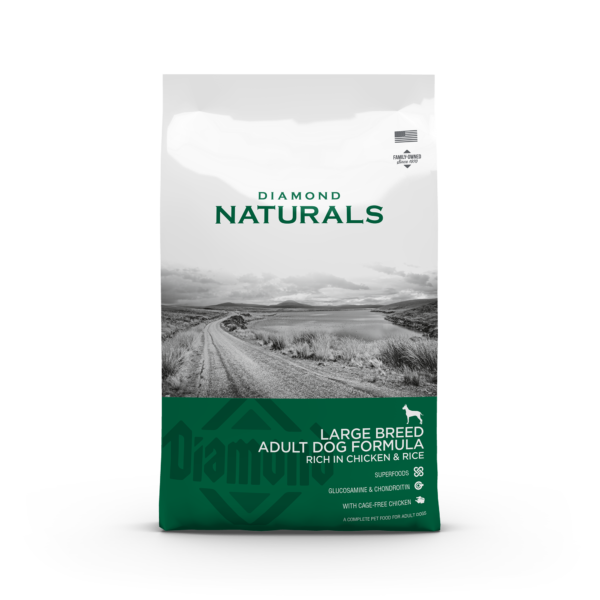Diamond Naturals para cães adultos de raças grandes, rica em frango e arroz